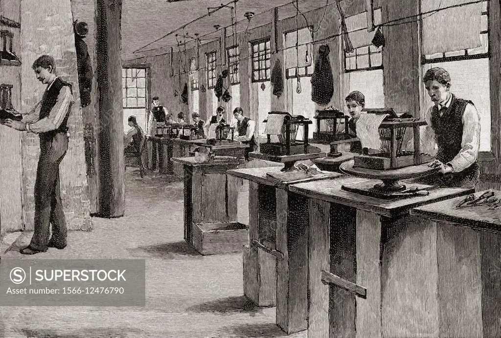 The alignment room in a 19th century printing works. From The Century Magazine, published 1887.