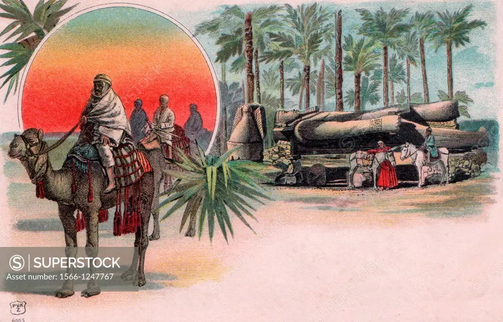 Postcard around 1900: bedouins and Ramses II statue at Memphis, Egypt