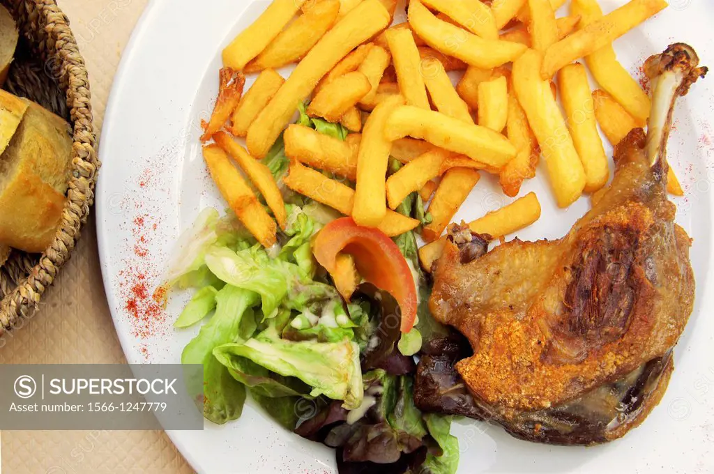 France, Aquitaine, Gironde, Food: ´Confit de Canard´  And Confit with french fries.