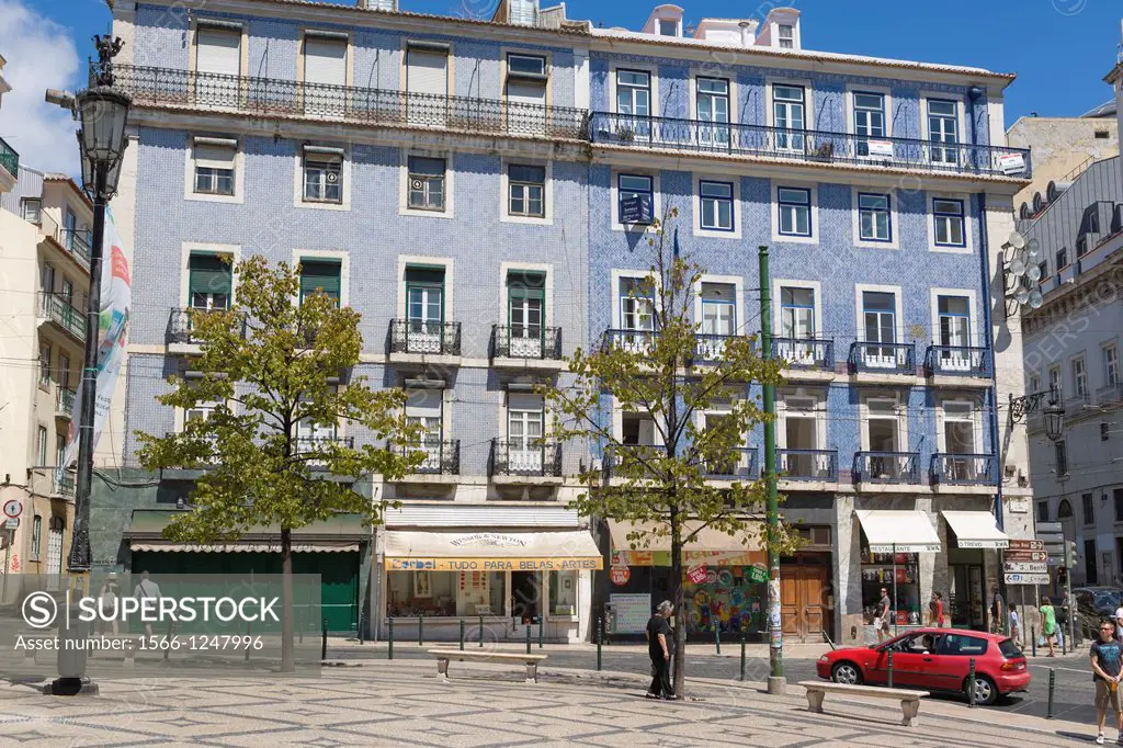 The Corner of Praca de Luis de Camoes, Largo Camoes, Camoes Square, and Rua Misericordia, Lisboa, Lisbon, Portugal.