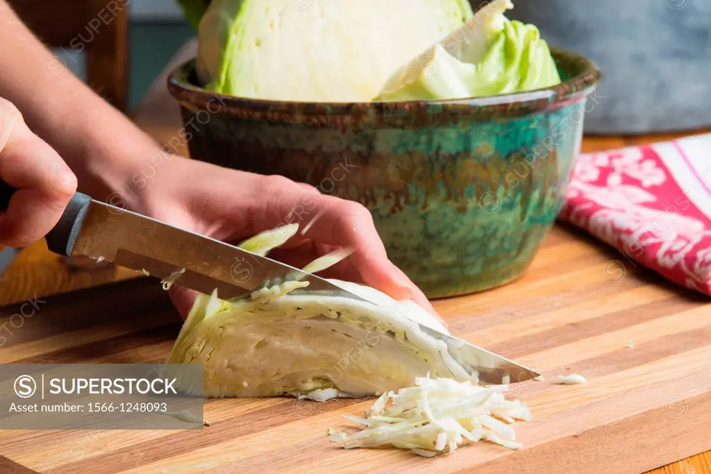 Hand slicing cabbage with knife