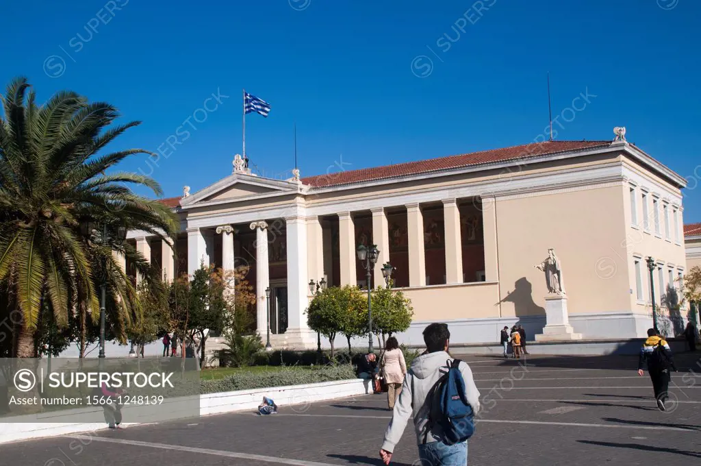 Exterior of the National and Kapodistrian University of Athens, part of the architectural trilogy designed by Danish architect Theopil Hansen, Athens,...