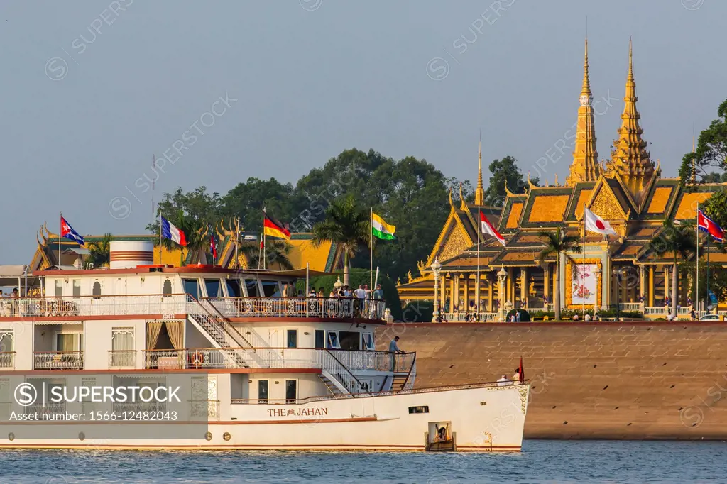 The expedition river boat Jahan at Phnom Penh, Tonle Sap River, Cambodia, Khmer.