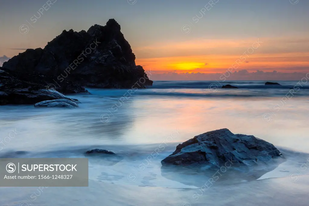 Sunset over Bedruthan Steps in North Cornwall near Newquay, England, UK, Europe