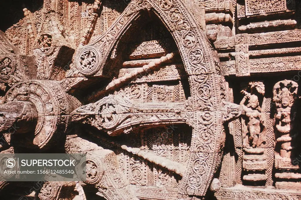 Close up of carved wheel. Sun Temple, Konarak, India.