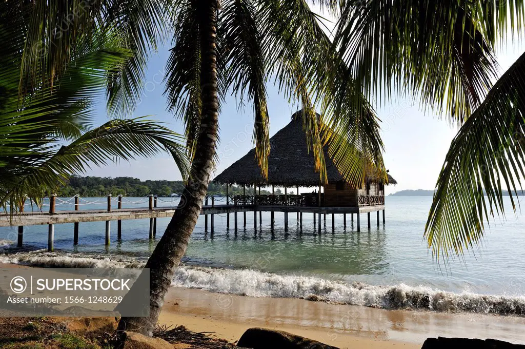 bar and restaurant on stilts, Playa Tortuga hotel, Colon Island, Bocas del Toro Archipelago, Republic of Panama, Central America