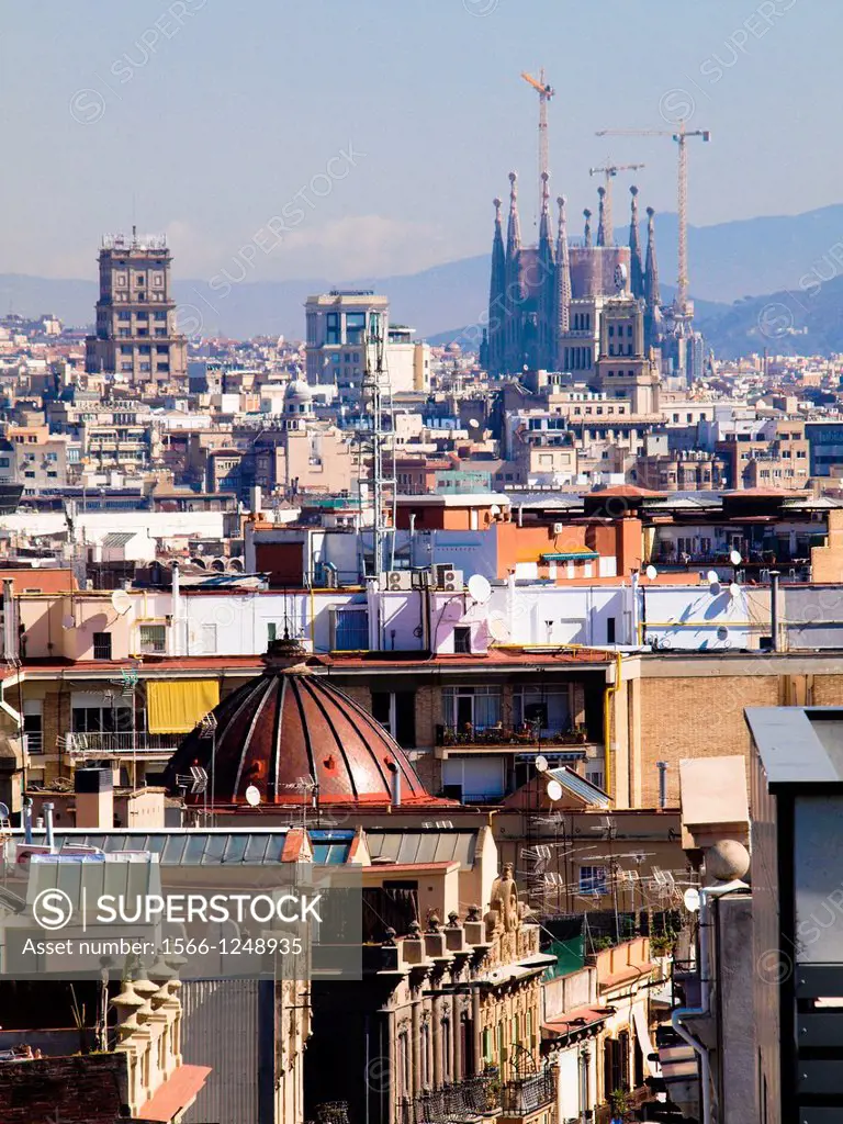 Cityscape, urban landscape. Back: Sagrada Familia. Barcelona, Catalonia, Spain.