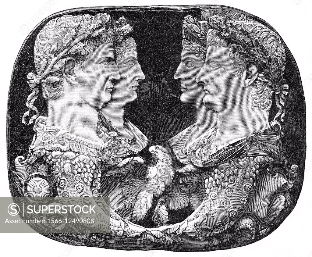on the left the Roman emperor Claudius and his wife Agrippina, on the right the Roman Emperor Tiberius with his wife Livia,.