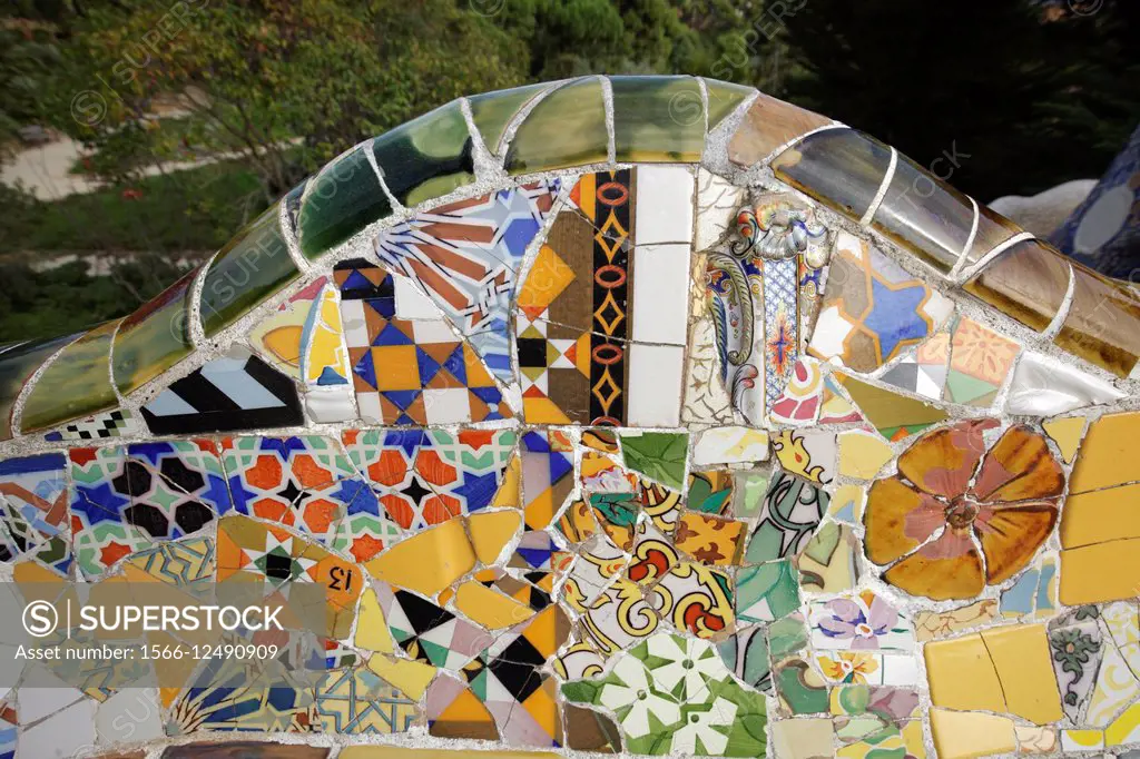 Close up of mosaics in the Terrace, Park Güell, Barcelona, Spain.