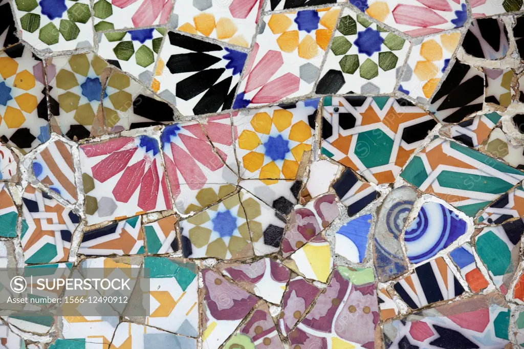 Close up of mosaics in the Terrace, Park Güell, Barcelona, Spain.