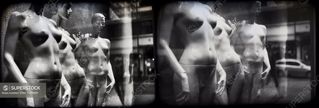 naked female mannequins in a shop window, digital composition