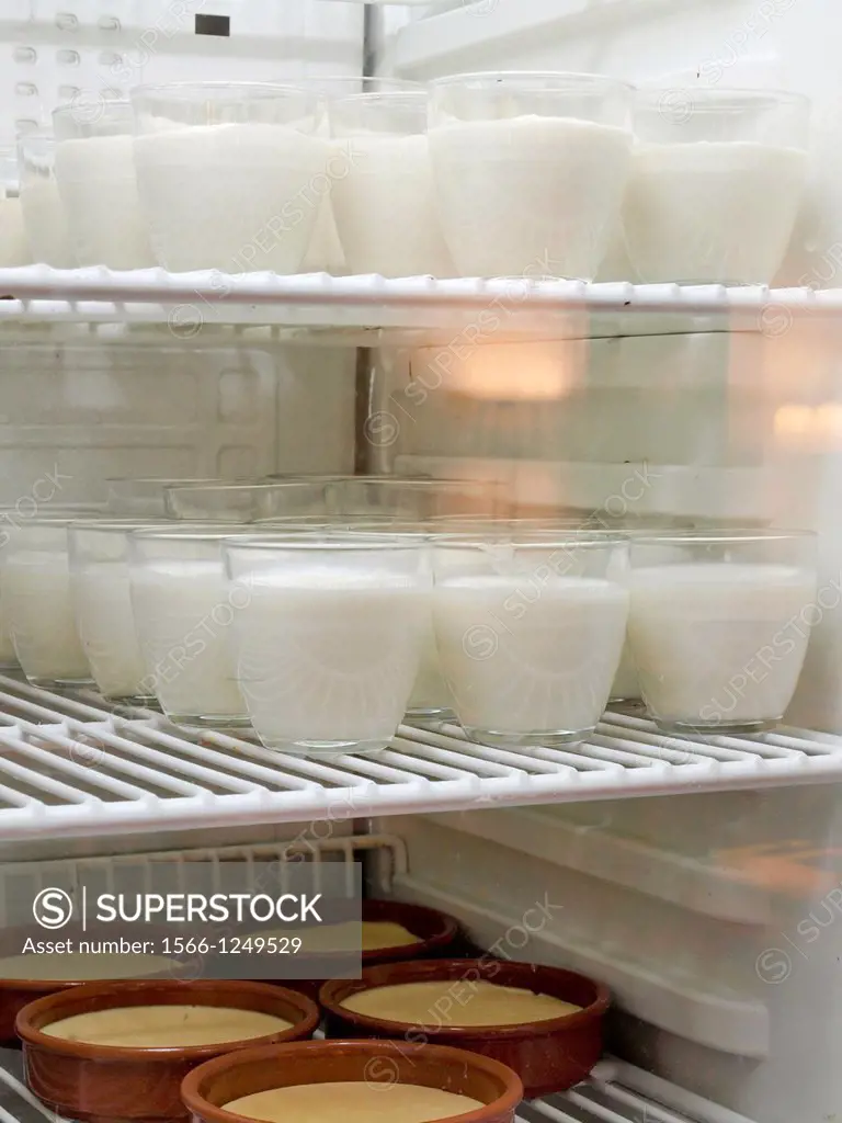 Yogurts and Catalan cream inside a refrigerator.