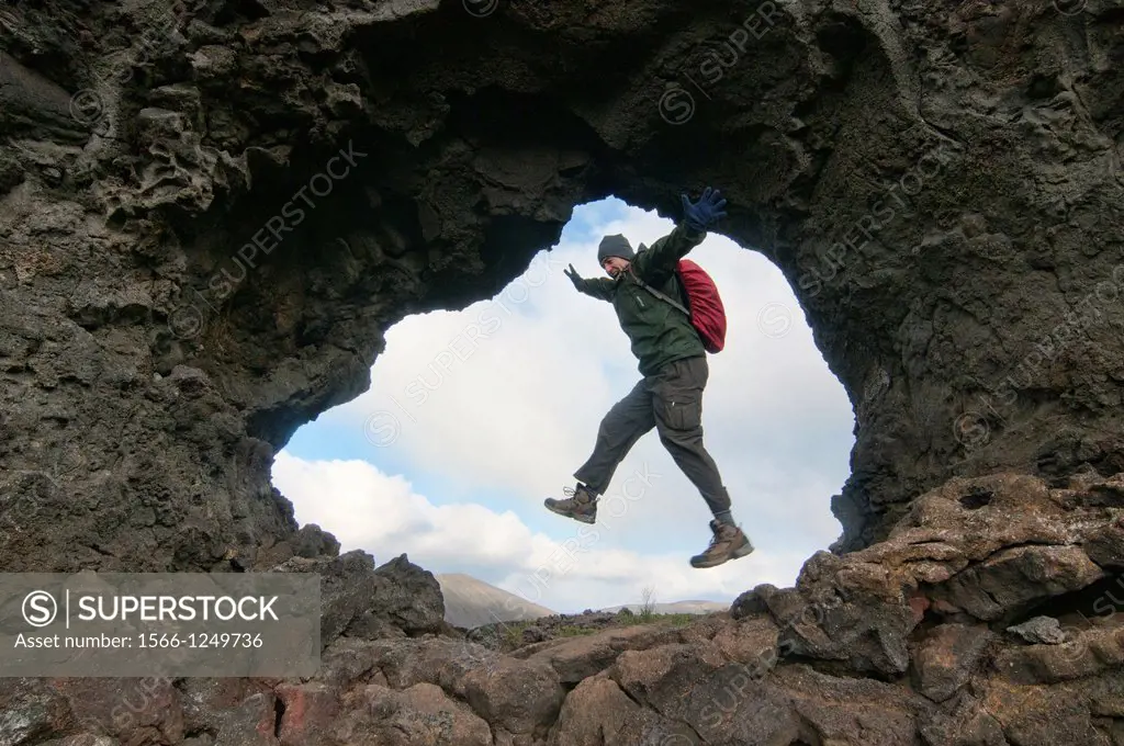 Volcanic rock formations from lava tubes at Dimmuborgir on Lake Myvatn, Iceland