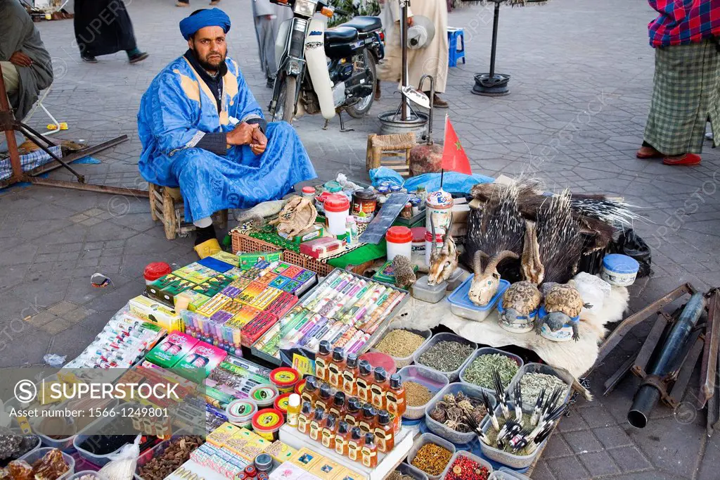 africa, morocco, marrakech, jemaa el fna square, market, spices and natural medicine seller