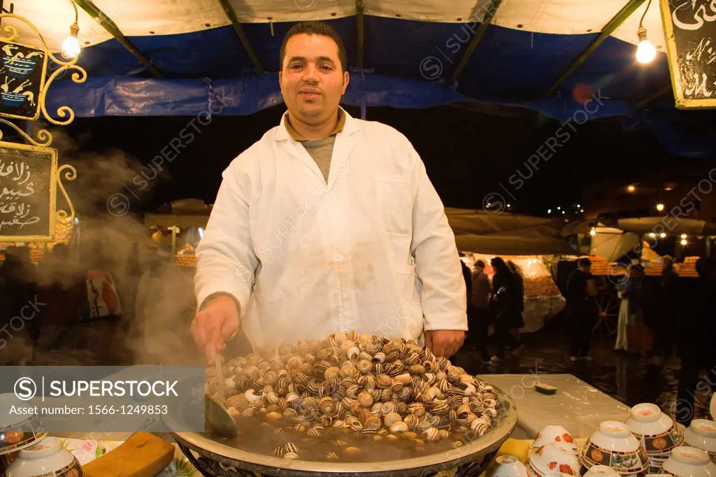 africa, morocco, marrakech, jemaa el fna square, food market, snails seller