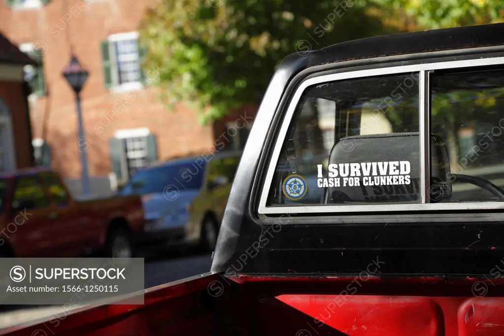 ´I Survived Cash For Clunkers´ decal on an old pickup truck, North Carolina, USA. Cash for Clunkers refers to a U.S. government rebate program that pr...
