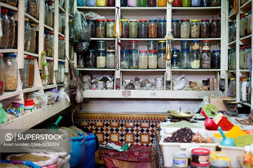 Herb and spice shop in La Medina, Marrakech, Morocco, Africa,