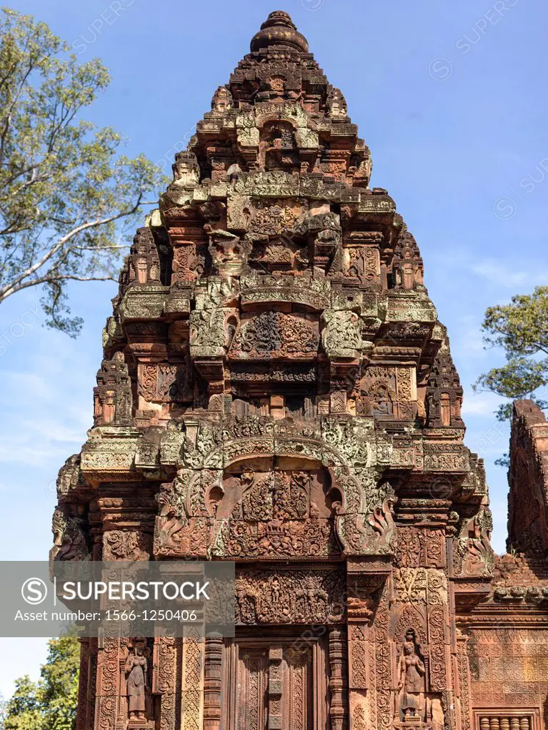 Banteay Srei is a 10th century Cambodian temple dedicated to the Hindu god Shiva  Located in the area of Angkor in Cambodia  It lies near the hill of ...