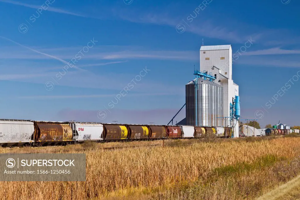 A grain elevator with rail cars near Langenburg, Saskatchewan, Canada