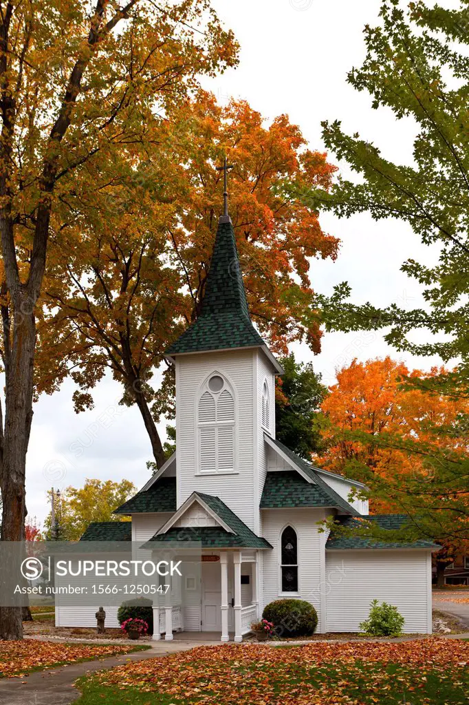 The Crouse Memorial chapel with fall foliage color in Petoskey, Michigan, USA