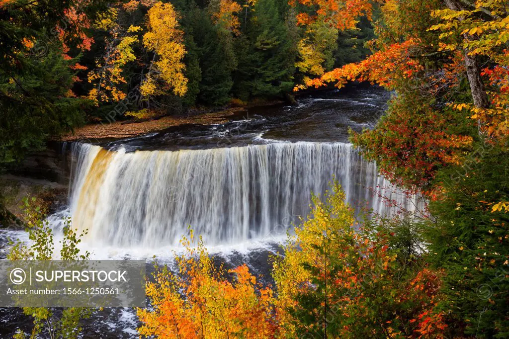 The Upper Tahquamenon Falls with fall foliage color near Newberry, Michigan, USA