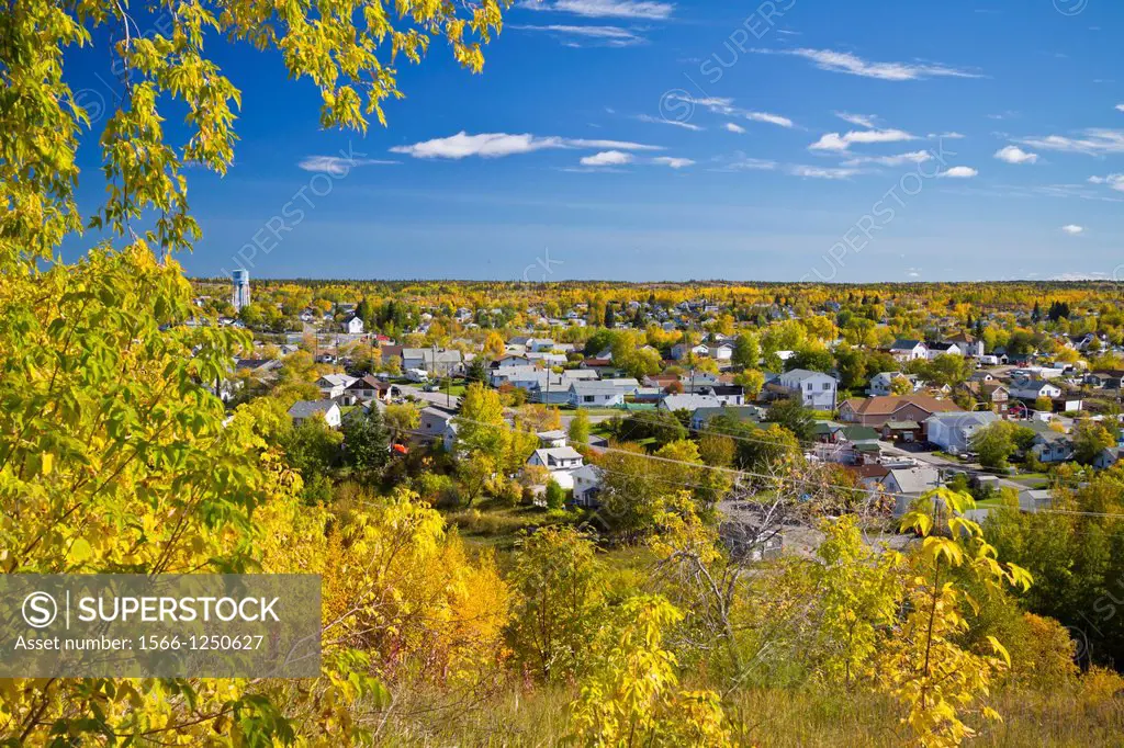 The city of Flin Flon with yellow autumn fall foliage color, Manitoba, Canada