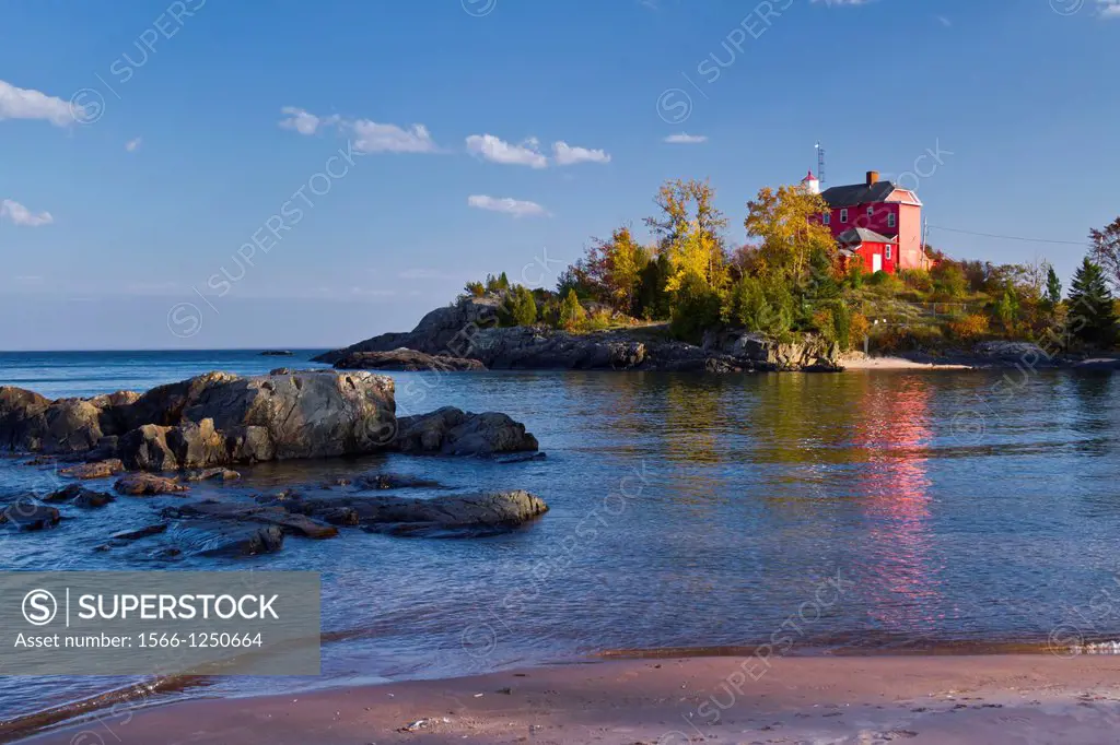 The historic Marquette Harbor Lighthouse on the shores of Lake Superior at Marquette, Michigan, USA