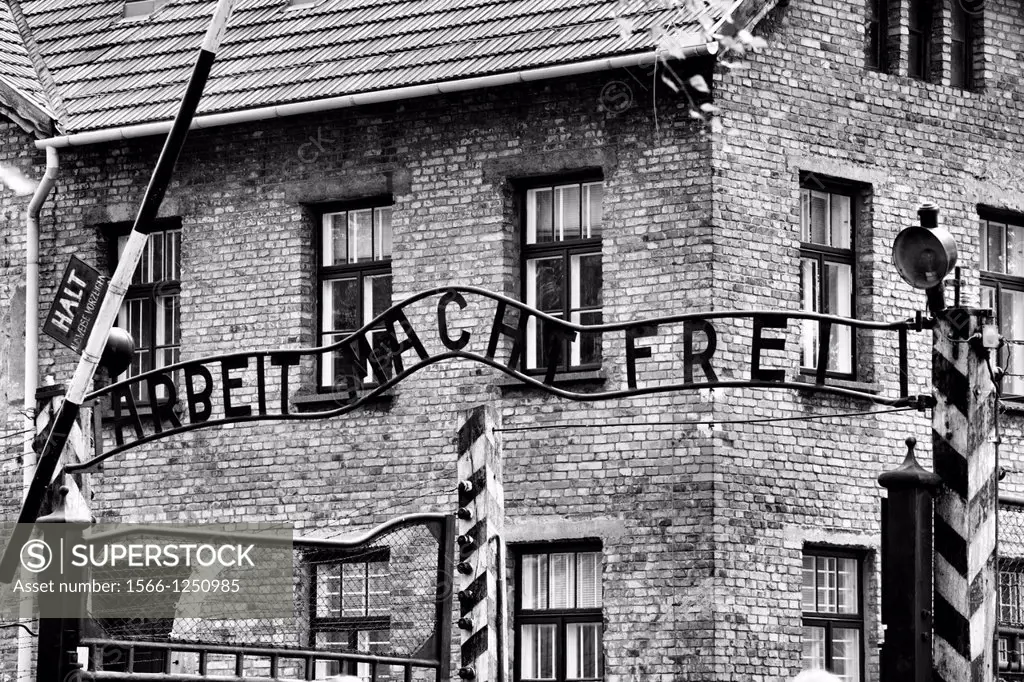 Arbeit Macht Frei at the main gate in Auschwitz, Poland