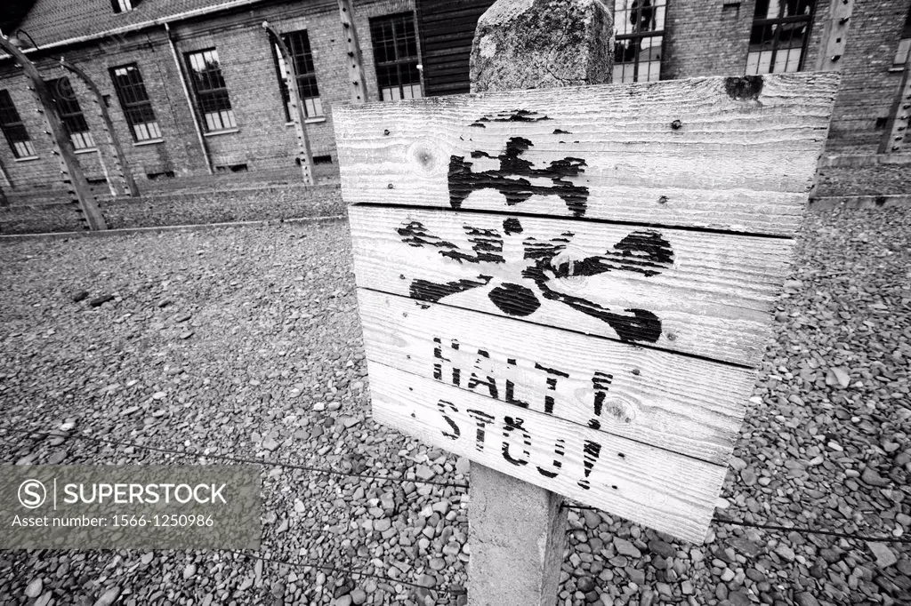 Halt warning sign in Auschwitz nazi concentration camp, Poland