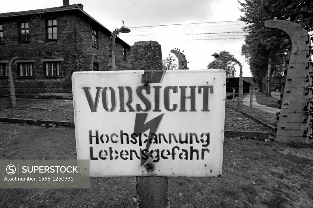 Warning sign in Auschwitz nazi concentration camp, Poland