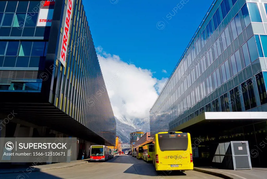 Busbahnhof, long distance bus station, next to Hauptbahnhof, Innsbruck, Inn Valley, Tyrol, Austria.