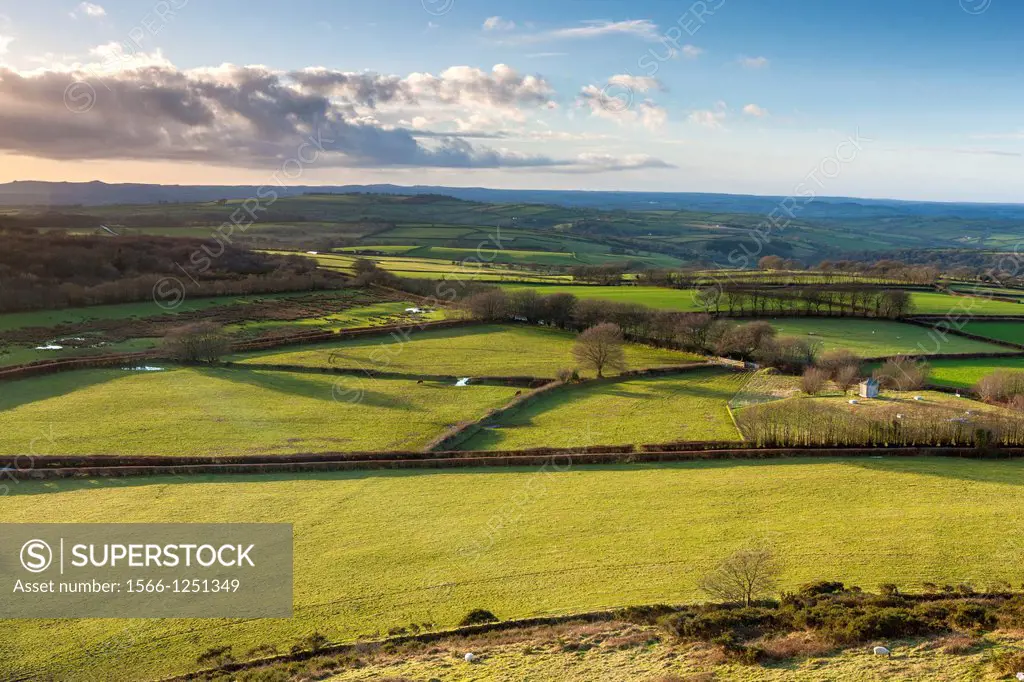 View from the Church of St Michael on top of Brent Tor over the rural Dartmoor landscape, Devon, England, UK, Europe