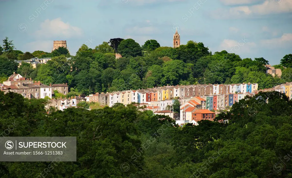 Cityscape of Bristol, rows of colourful houses and Cabot Tower, Bristol, England, United Kingdom, Europe