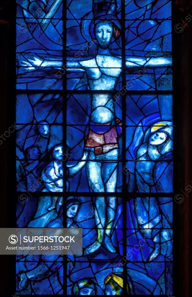 France, Marne, Reims, World Heritage Site, Notre Dame cathedral, Stained Glass Window of the crucifixion by Marc Chagall