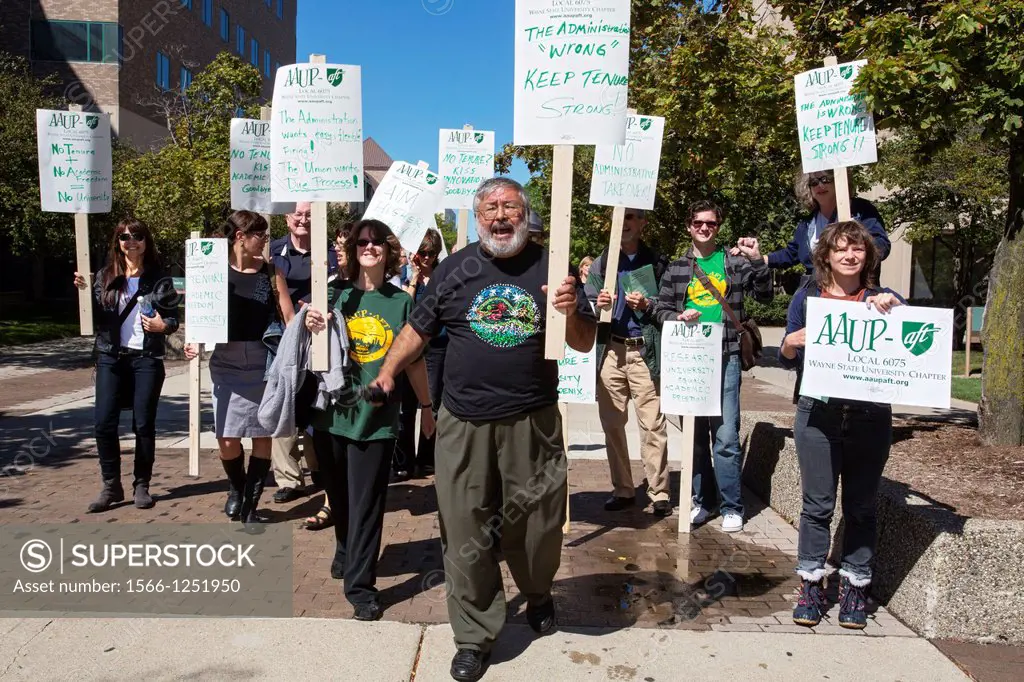 Detroit, Michigan - Members of the American Association of University Professors AAUP/AFT at Wayne State University walk through campus with picket si...
