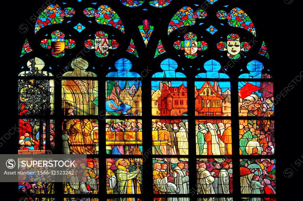 Stained glass window of the cathedral of Antwerp, Flanders, Belgium