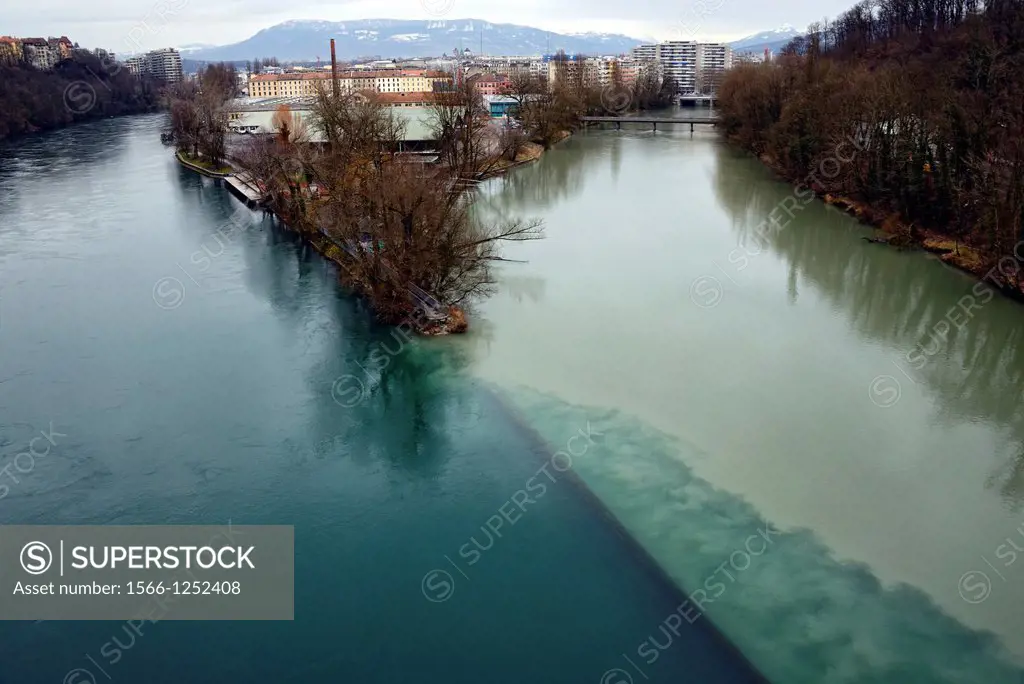 Geneva Jonction, place where two rivers Rhone-left and Arve-right connect and from this place one river - Rhone flows further, Geneva, Switzerland, Eu...