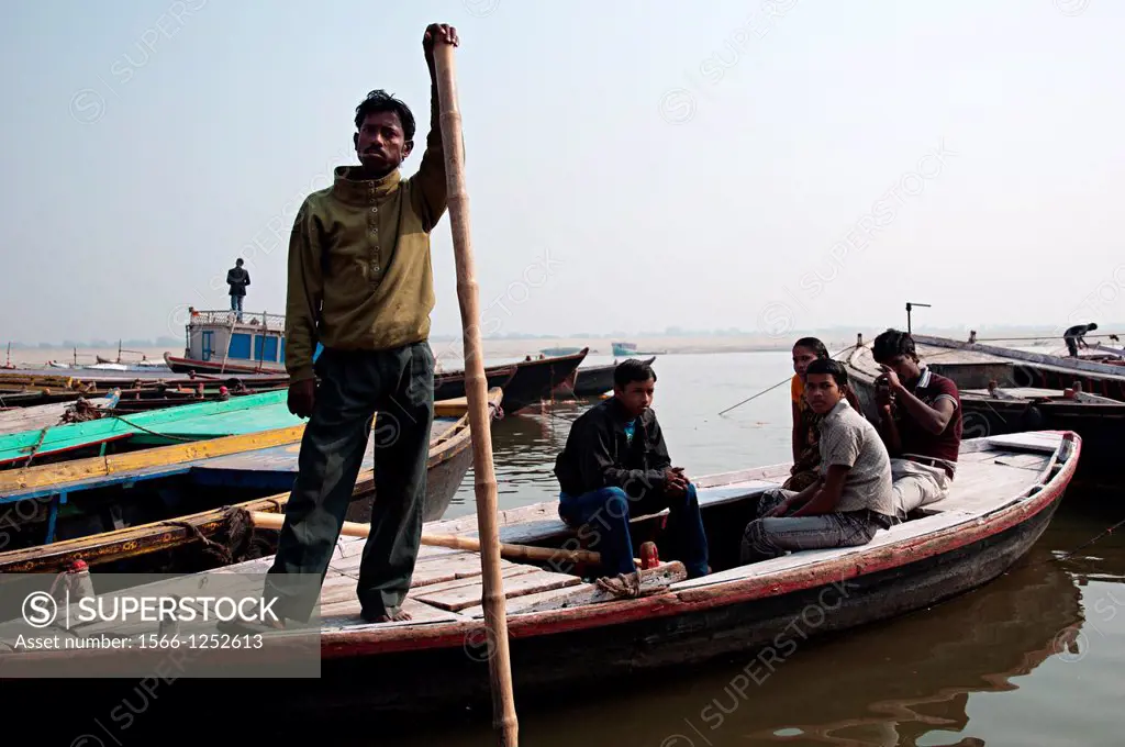 People in a boat on the Ganges river  Varanasi, Benares, Uttar PRadesh, India
