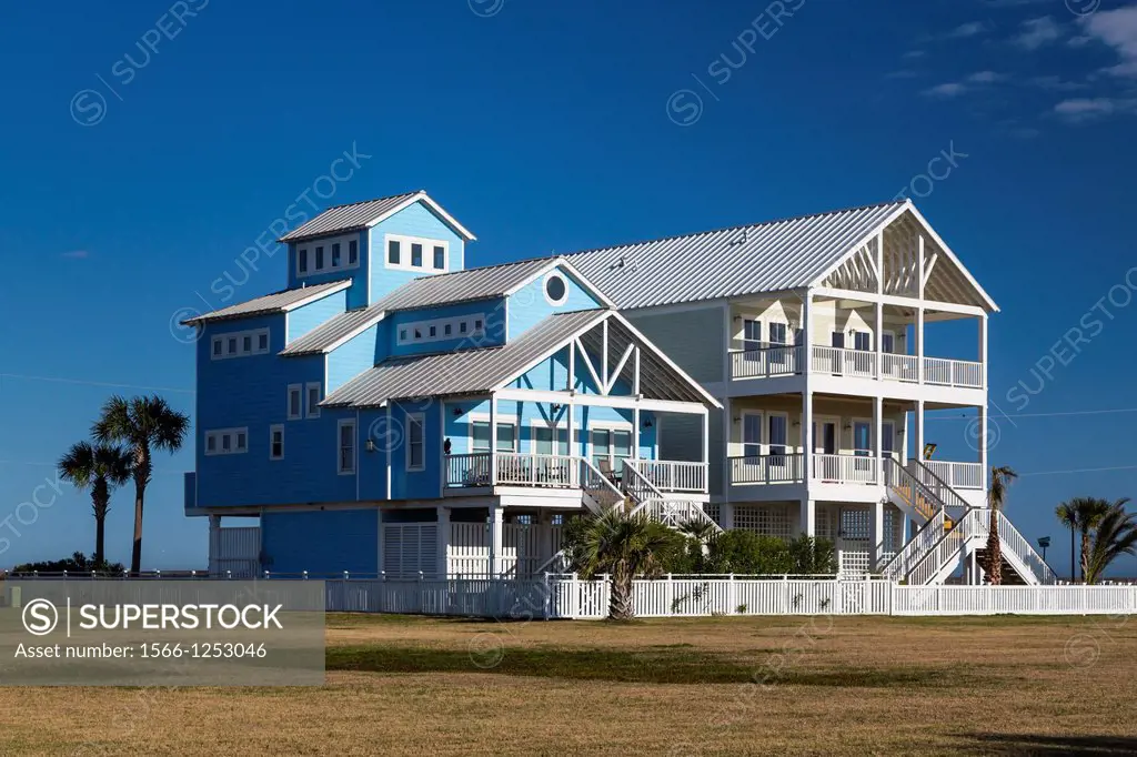 Vacation homes on the Gulf of Mexico beach on Galveston Island, Texas, USA