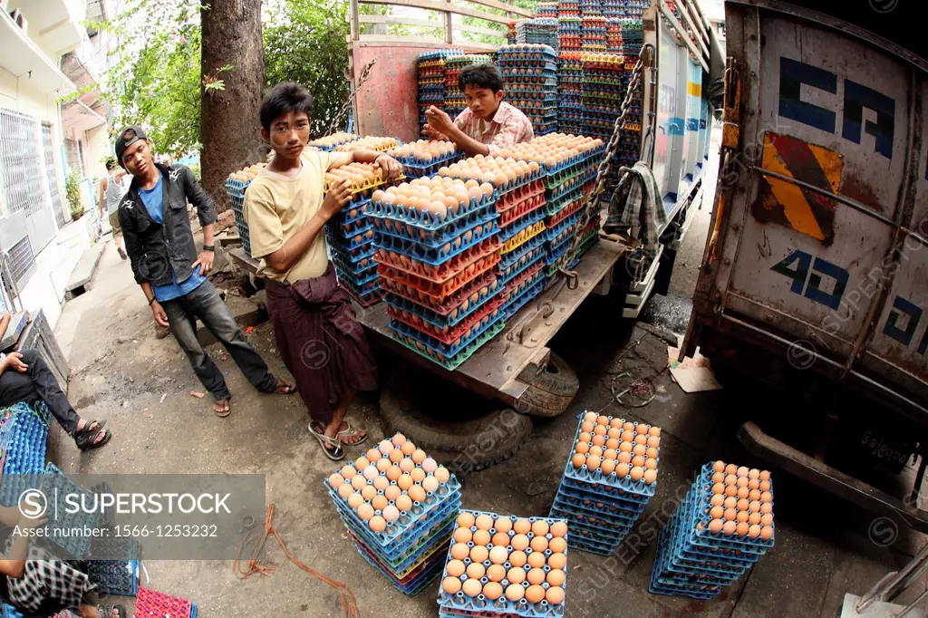 Market Street Scene selling Eggs, yangon, Myanmar, Burma, Asia