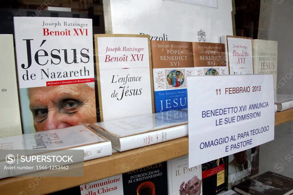 11 Feb 2013 Bookshop window by the Vatican City, Rome following the resignation announcement by Pope Benedict XVI