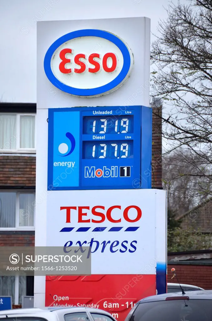 Tesco express petrol station, sign, Bristol, UK