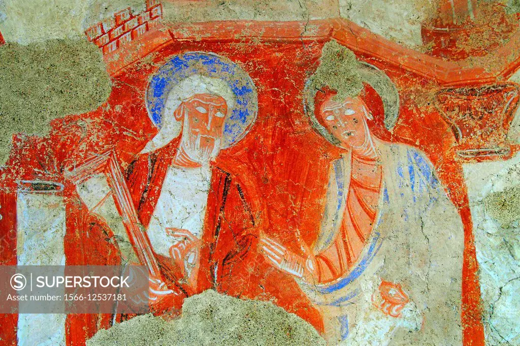 Apostles, 12th and 13th century mural paintings of the church of Notre Dame at Areines, Loir-et-Cher, Centre, France