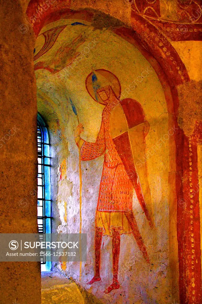 Saint warrior, 12th and 13th century mural paintings of the church of Notre Dame at Areines, Loir-et-Cher, Centre, France
