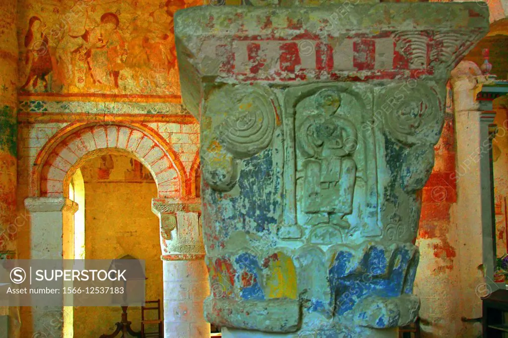 Capital and 12th and 13th century frescoes of the Church of Saint Genest at Lavardin, on the Way of St James, Loir-et-Cher, Centre, France