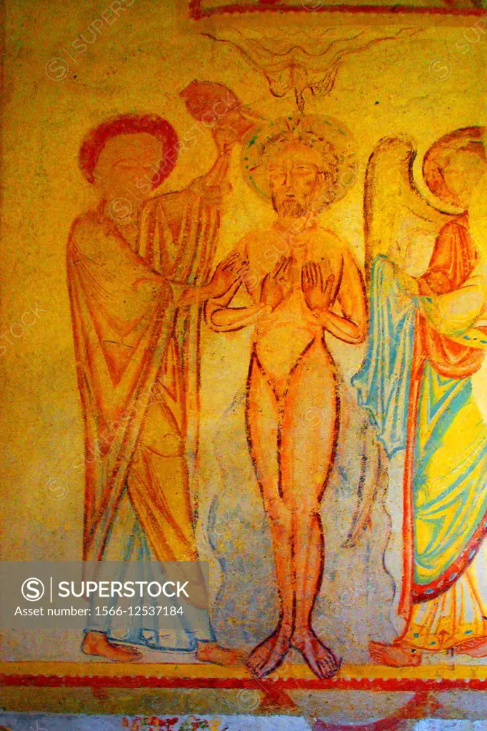 Baptism of Jesus, 12th and 13th century frescoes of the Church of Saint Genest at Lavardin, on the Way of St James, Loir-et-Cher, Centre, France