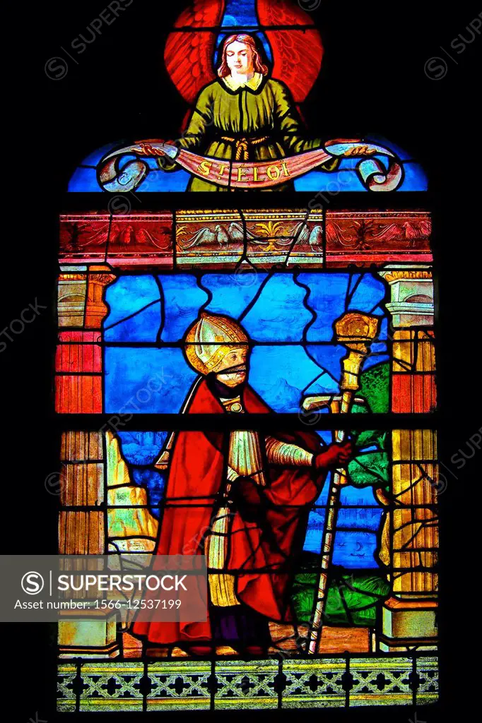 Stained glass window depicting Saint Eloi (14th century) at the church of Theillay, Loir-et-Cher, Centre-Val de Loire, France. Saint Eligius (also Elo...
