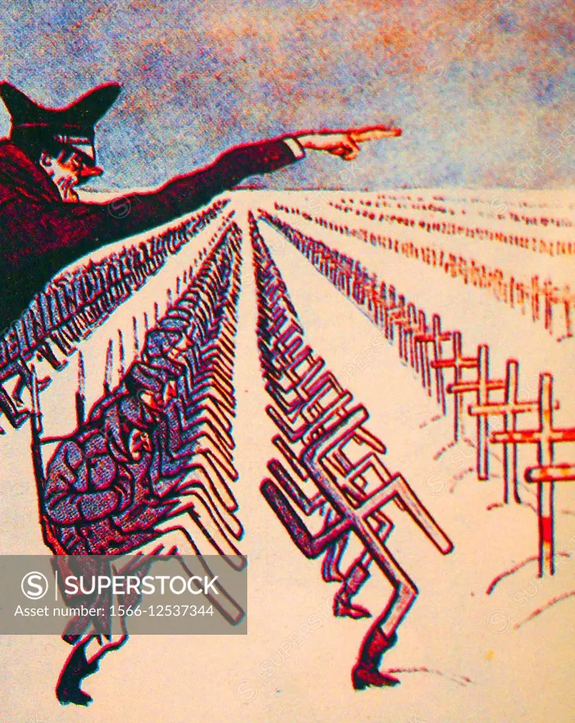USSR- World War II- Soviet caricature, 1943, of Hiltler sending soldiers to USSR.