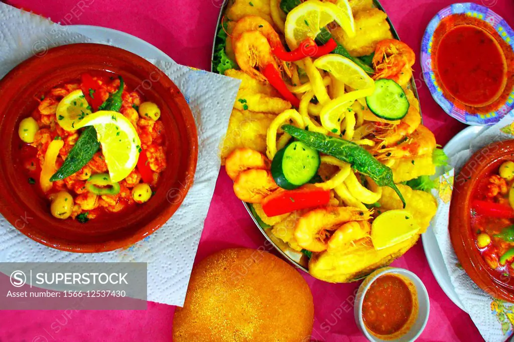 Shrimps tajine, fried fishes and ´harissa´ hot chilli pepper sauce, Fes, Morocco