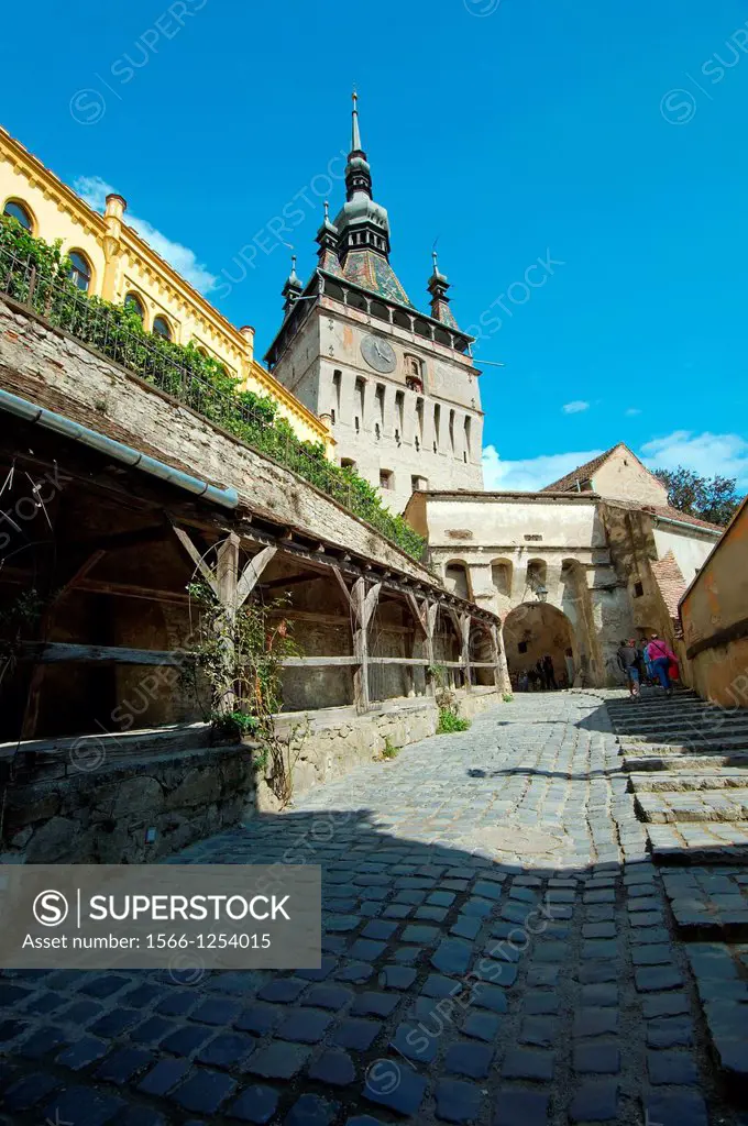 Historic centre with Clock Tower at back, Sighisoara, Transylvania, Romania, Europe